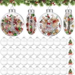 Wettarn 50 Pcs 4" Clear Plastic Flat Fillable Ornaments for Crafts Plastic Discs Christmas Hanging Ornaments Ball with Lid Rope for DIY Crafts Xmas Tree Home Decor Holiday Wedding Party