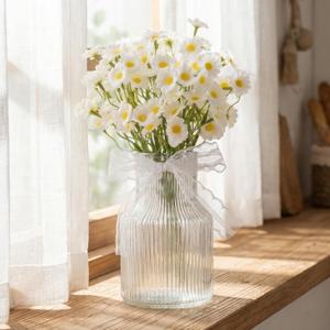 Fake Flowers in Vase, 12Pcs Small White Daisy Flowers Artificial Arrangement with Glass Bud Vase for Centerpiece Table Decoration Faux Flowers for Spring Decor Daisy Birthday Party Decorations