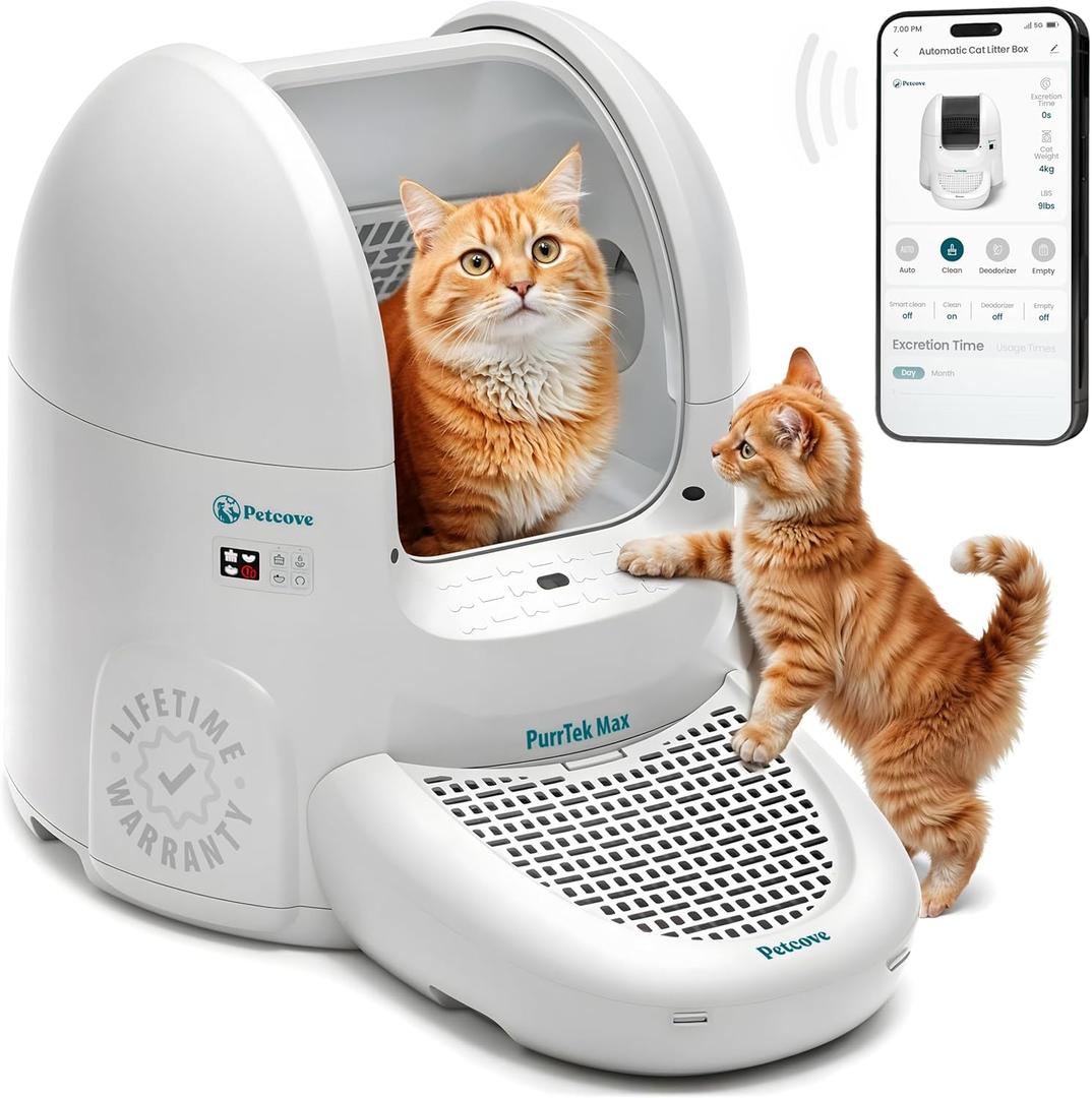 Petcove Self Cleaning Automatic Litter Box for Multi Cat - XL 65L Drum/Ultra Quiet 30-35 DB Operation / 5 Safety Sensors/Easy App Control with Ultra Fast 5 GHz WiFi - Includes Ramp & 15 Litter Bags (White 2)