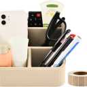 Remote Control Holder, Small Nightstand Organizer with 4 Compartments, PU Leather Desk Caddy, Multifunctional Bedside Desktop Organizers with Label Stickers(COLOR:Beige)