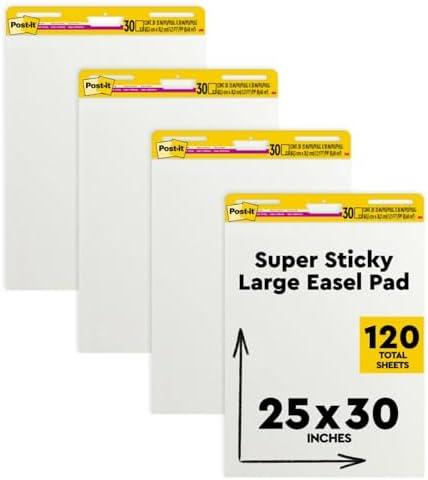 Post-it Super Sticky Easel Pad, 25 in x 30 in, White, 30 Sheets/Pad, 4 Pads/Pack, Great for Virtual Teachers and Students (559 VAD 4PK)
