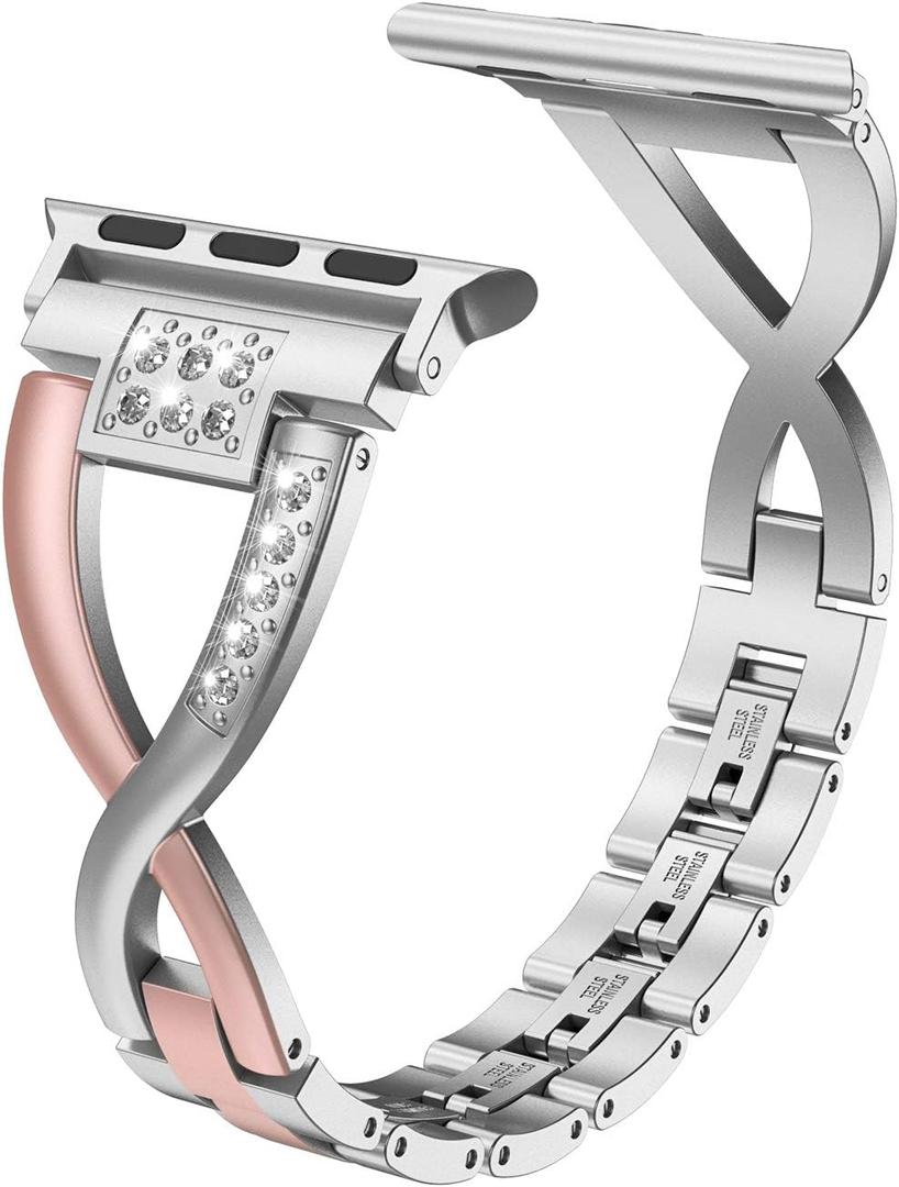 Wearlizer RoseGold Silver Compatible with Apple Watch Band 38/40/41/42mm Women Rhinestone 2-Tone Stainless Bling X-Link Wristband Sleek Bracelet for iWatch Series 11 10 9 8 7 6 5 4 3 SE/Ultra 3 2 1