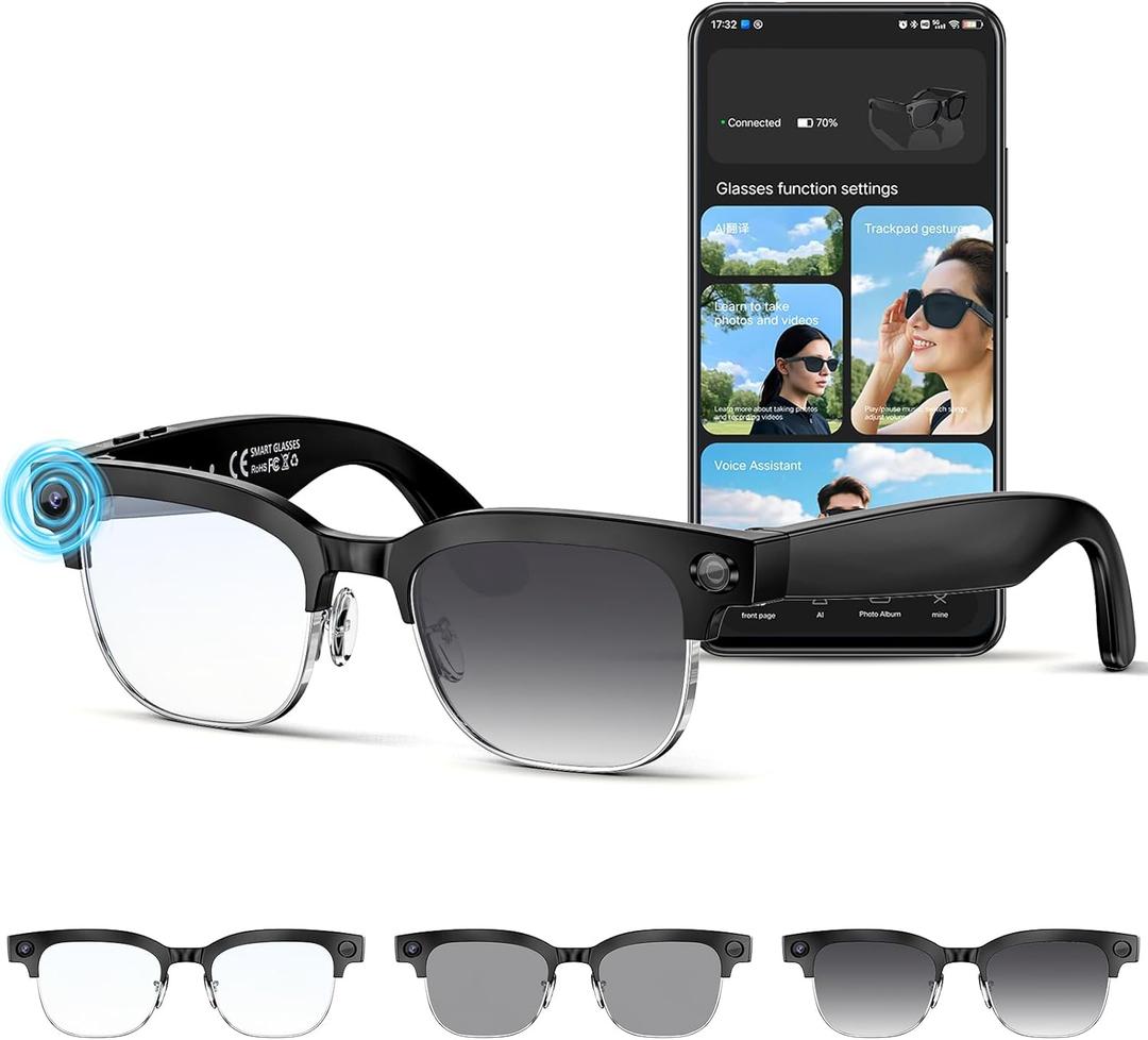 Mingtawn AI Smart Glasses 4K HD Camera, BT Call, 800W Anti-Shake Camera Glasses with Video Recording Dual Mic, Simultaneous Interpretation/GPT Identify Objects, 270mAh BlueLight GlassesPhotochromic 2