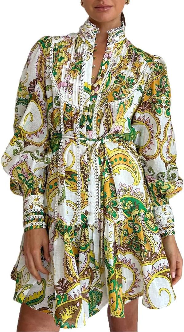 Roiii Women A-Line Lace Loose Baroque Button Down Long Sleeve Casual Dresses V Neck Embroidery Party Short Dress (X-Small, Green)