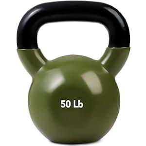 JFIT Vinyl-Coated Cast Iron Kettlebell Weight – Flat Bottom Kettlebell for Strength Training, Cross Training & Home Gym Workouts, 50LB-Dark Green