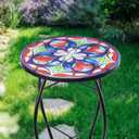 MUMTOP Side Patio Tables-Mosaic Outdoor Side Table - 14 Symmetrical Pattern Glass Accent Round End Table, Plant Stand Indoor Small Coffee Table for Garden or Living Room Decor