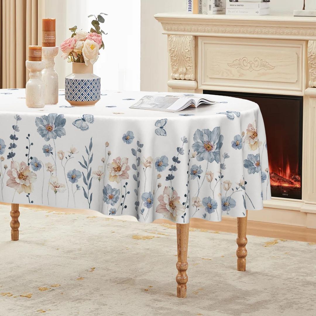 Horaldaily Spring Tablecloth 60x84 Inch Oval, Watercolor Flowers Washable Seasonal Table Cover for Party Picnic Dinner Decor