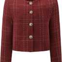 Women's Collarless Blazer Plaid Button Front Crop Tweed Jacket (Medium, Red)