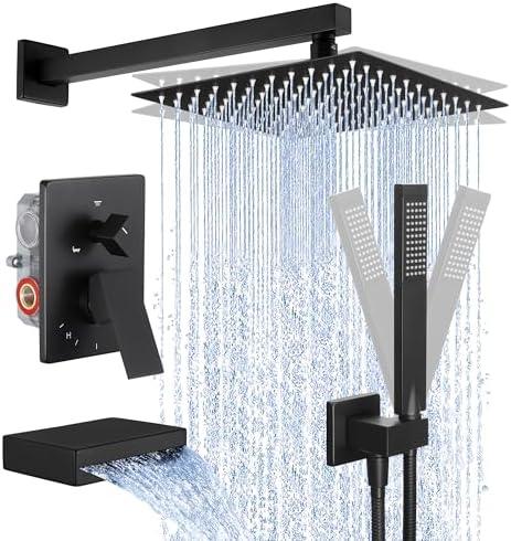 KES Shower System with Tub Spout, Matte Black Shower Faucet Set Complete 10 Inch Rain Shower Head with Handheld Spray and Waterfall Bathtub, cUPC Pressure Balance Shower Valve Trim Kit, XB6305F18-BK