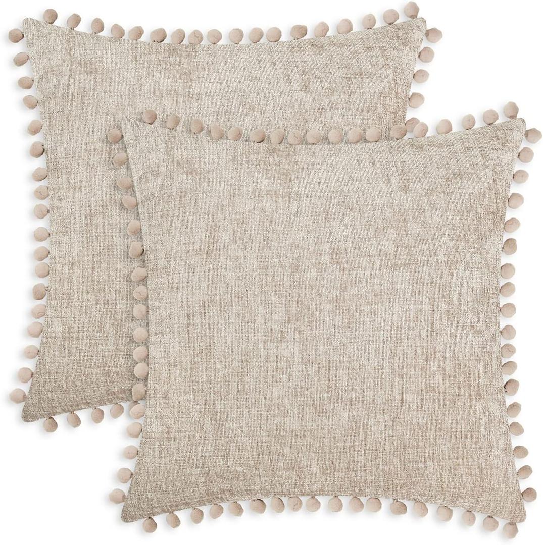 CaliTime Throw Pillow Covers Decorative 20 X 20 Inches Pack of 2 Cozy Solid Dyed Soft Chenille Cushion Cases with Pom Poms for Couch Sofa Bed Living Room Home Taupe