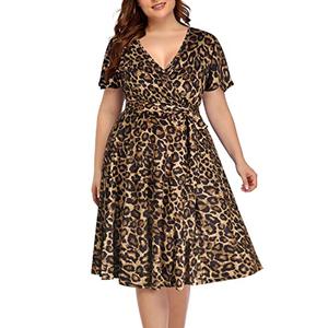 Lepord Print Dress Plus Size Wrap Midi Short Sleeve Casual Summer V-Neck Wedding Guest Maternity Knit Sun Dress Women Leopard 18W