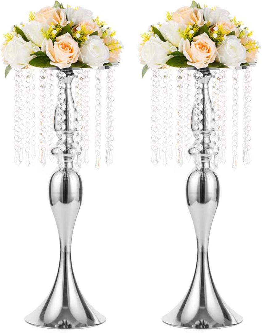 2 Pcs 21.3 inches Tall Crystal Metal Vase Wedding Road Lead Flower Holders Centerpiece Crystal Flower Chandelier Metal Flower Vase for Reception Tables Wedding Supplies (Silver)