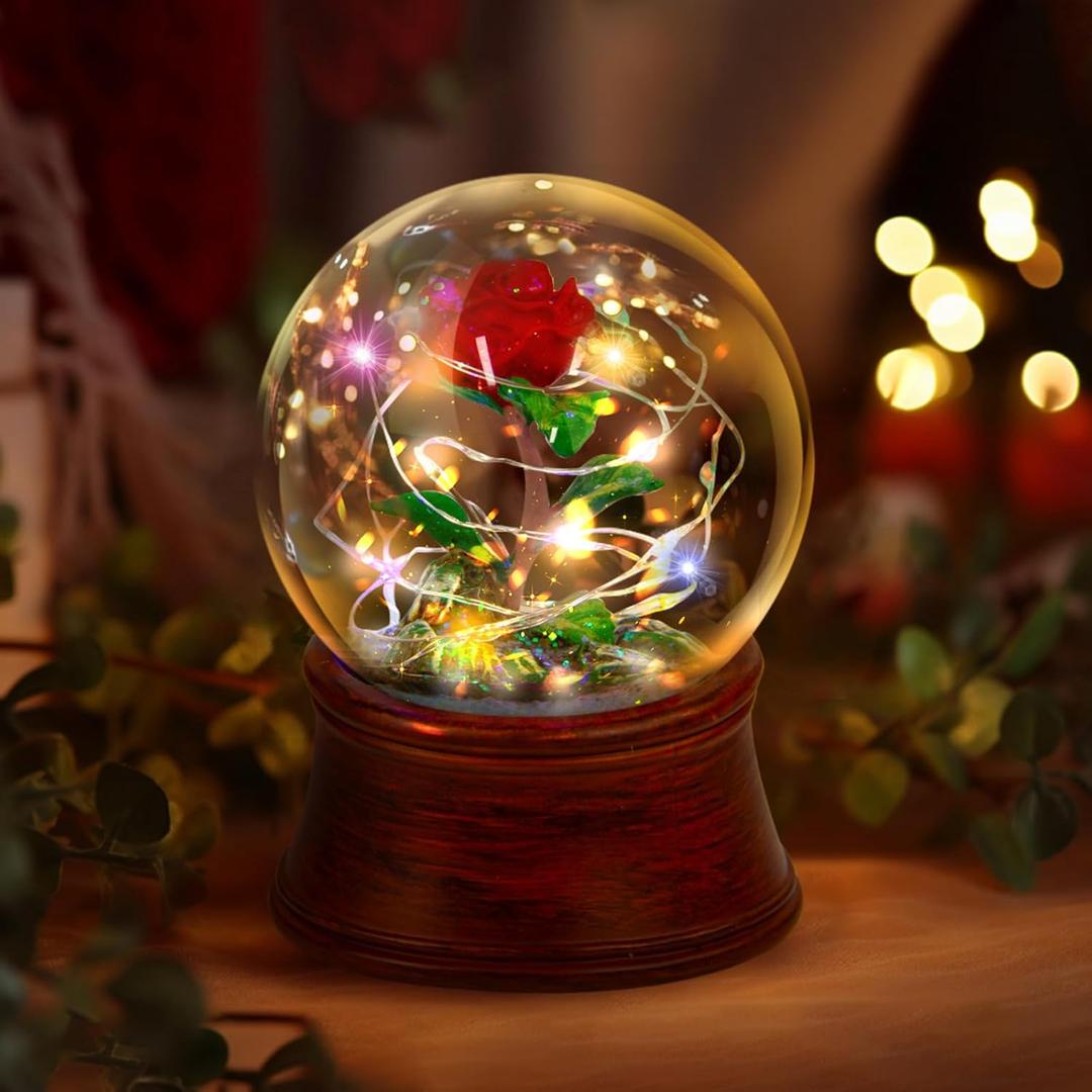 Rose Snow Globe Music Box, Preserved Red Rose Flower Musical Snow Globes, LED Light Up Rose Snow globe Water Globe Romantic Gift for Women Girls in Mother's Day, Anniversary, Christmas