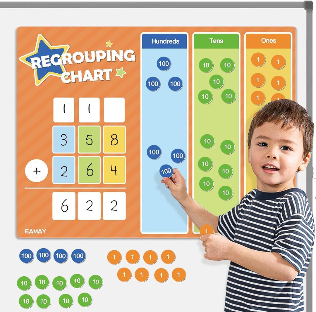 EAMAY Regrouping Base Ten Place Value Manipulatives, Addition and Subtraction Math Manipulatives for 1st 2nd 3rd Grade Classroom Must Haves! Kit with Magnetic Dry Erase Board and Magnetic Chips.