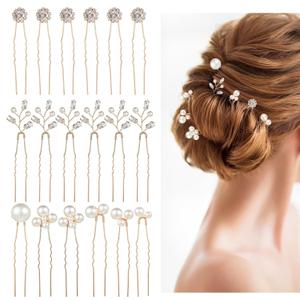 18 Pieces Gold Wedding Hair Pins 3 Styles Prom Pearl Rhinestone Hair Pins Crystal Flower Hair Clips, Handmade Pearl Hairpieces Jewelry Accessories for Bride Bridesmaids