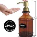 LMQML Soap Dispenser - 2 Pack, Antique Design Thick Amber Glass Hand Soap Dispensers with Sturdy Tray; 304 Rust Proof Stainless Steel Black Pump, 12Pcs Stickers, for Kitchen, Bathroom - Brushed Gold