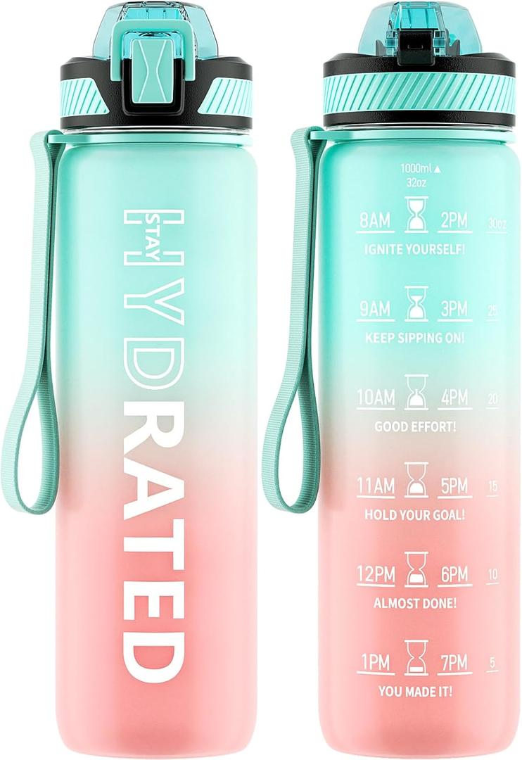 Water Bottle with Straw, 32oz Motivational Water Bottles with Time Marker to Drink, Tritan BPA Free, 1L Sports Water Bottle with Carry Strap LeakProof for Women Gym Fitness Outdoor (1 Pack) (Green Pink)
