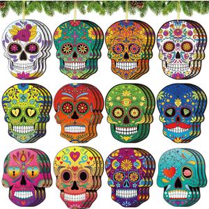 36 Pcs Sugar Skull Christmas Ornaments Wooden Day of The Dead Hanging Ornaments for Christmas Tree Xmas Dia De Muertos Cinco De Mayo Holiday Decoration
