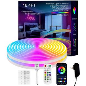 MFWW Neon Rope Lights, 16.4FT IC+RGB LED Strip Lights, App+Remote Control, Outdoor IP67 Waterproof, Music Sync, Color Changing, Flexible DIY Design Neon Lights for Bedroom, Gaming, Party Decor