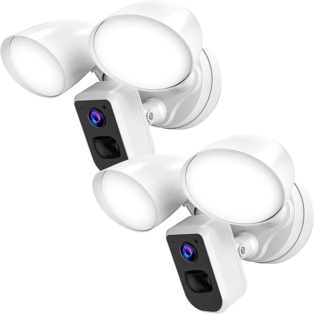 deerdance Smart Floodlight Camera Wired Outdoor Security Camera Flood Light with Motion Sensor 2200 lumens LEDs 1080P HD Live Video Night Vision, Built-in Siren, Two-Way Audio, White(2Pack)