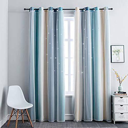 FANLI Ombre Rainbow Blackout Curtains for Kid Girls Bedroom Living Room Darking Stripe Double Layer Star Cut Out Wall Home Decor Gradient Grommet Window Curtains (Blue/Yellow, 52W x 63L)