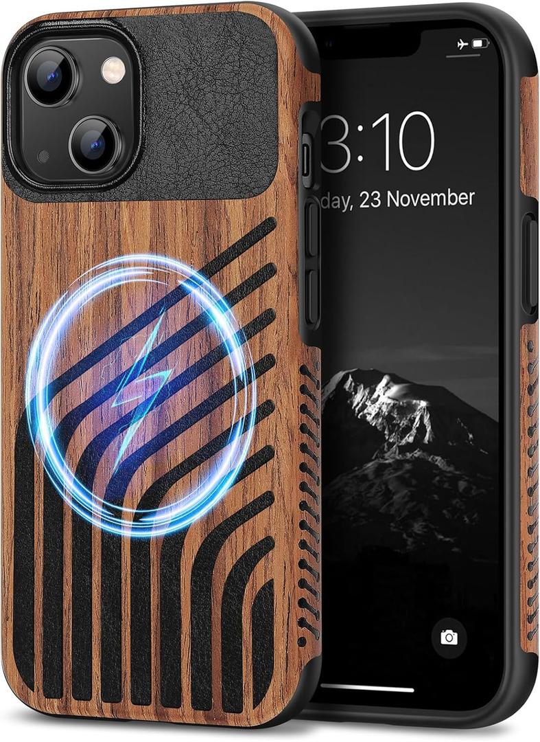 TENDLIN Compatible with iPhone 13 Case Wood Grain with Carbon Fiber Texture Design Leather Hybrid Slim Case (Compatible with MagSafe) Hairline