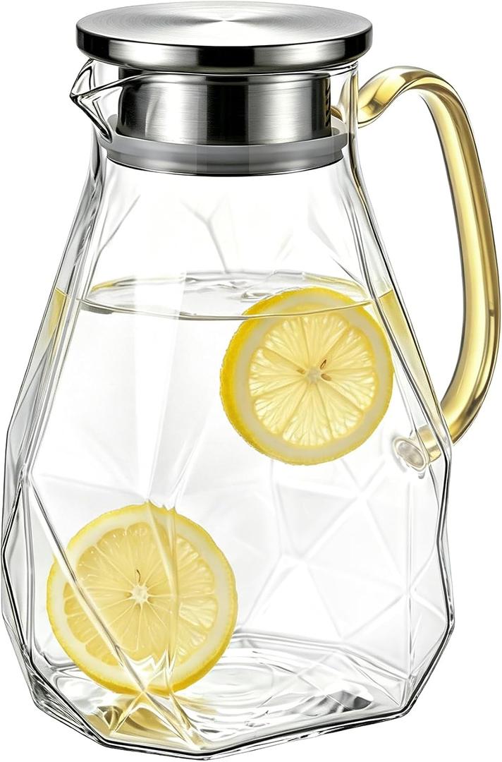 1.8L Glass Pitcher with Lid and Handle for Fridge Door, Borosilicate Glass Carafe for Hot/Cold Drink, Extra Large Water Pitchers for Iced Tea, Coffee, Beverage (Triangle Diamond) (EXP 12/31/36)