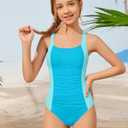 Girl Swimsuit One Piece Bathing Suit for Girls Solid Color Ruched Adjustable Straps Padded Swimwear (17-18 Years, Light Blue)