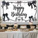 Coquette Birthday Decorations Black Bow Happy Birthday Backdrop Black Bow Bday Decorations Girls Women Photography Backgrounds, 5.9 * 3.6Ft