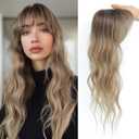 PANEWAY Clip in Bangs with Hair Topper 360 Cover Wavy Bangs Hair Clip on bangs for women Synthetic Hair Pieces Fluffy Fake Bangs for Daily Wear (Ombre Light Brown to Blonde)