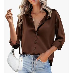 HOTOUCH Women Satin Silk Button Down Shirt Ladies Long Sleeve Tops V Neck Loose Blouse Dressy Business Casual Work Tunic Fall Size S