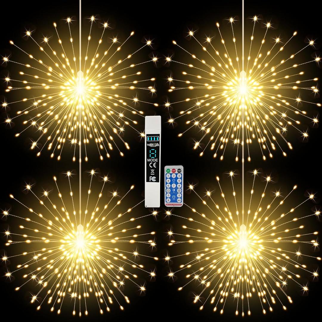 Firework Lights Waterproof Hanging, 200 LED Battery Operated Decorative String Lights Outdoor for Wedding, Party, Backyard, Patio Indoor Fairy Night Light for Home Decor, Bedroom Rechargeable, 4 Pack (Yellow)