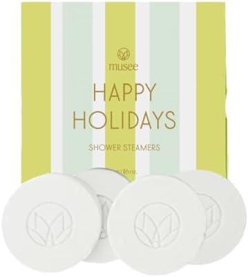 Musee | Happy Holidays Four Shower Steamers | Handmade in USA | Cruelty-Free & Paraben-Free | Vegan & Natural Ingredients | Holiday Gift Set for Women & Men | Aromatic Shower Experience