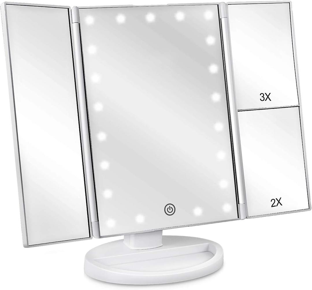 deweisn Floor Mount Tri-Fold Lighted Vanity Mirror with 21 LED Lights, Touch Screen and 3X/2X/1X Magnification, Two Power Supply Modes Make Up Mirror,Travel Mirror (10.8"L x 6.3"W, White)
