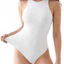 REORIA Butsmooth Womens Basic Sexy Sleeveless Racer Back Halter Neck Bodysuit Tank Tops (White, S)