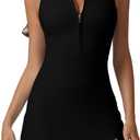 QINSEN Womens Zip Front Tennis Dress Polo Collar Racer Back Workout Golf Dresses Build in Shorts with Pockets (Black, S)