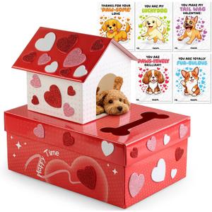 Valentine Day Boxes for Kids Classroom, 33 Pack Valentines Day Cards for School Exchange, Valentine Gifts Party Favor Boys Girls DIY Dog House with 32 Valentine Cards, 1 Teacher Card(Doll not Include)