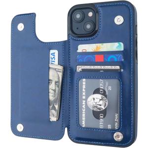 ONETOP Compatible with iPhone 15 Plus Wallet Case with Card Holder, PU Leather Kickstand Card Slots Case, Double Magnetic Clasp and Durable Shockproof Cover 6.7 Inch (Blue)