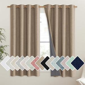 Vintage Open Linen Weave Flax Thermal Curtains, Curtains 48" Long for Dining Room, Soundproof Window Treatment Drapes for Hall Room, 62" Wide Per Panel, Set of 2
