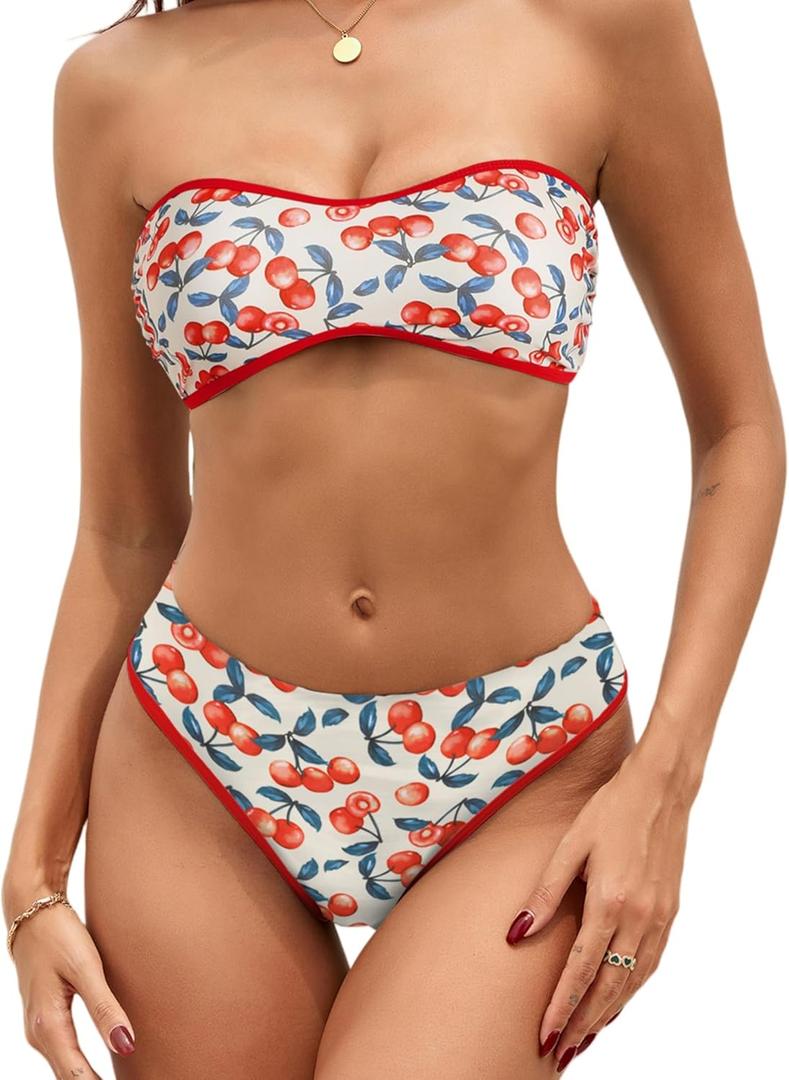 ZAFUL Bikini Sets for Women Textured Strapless Color Block Bandeau Swimsuits 2 Pieces Cheeky High Cut Bathing Suits (Medium, 0-cherry)