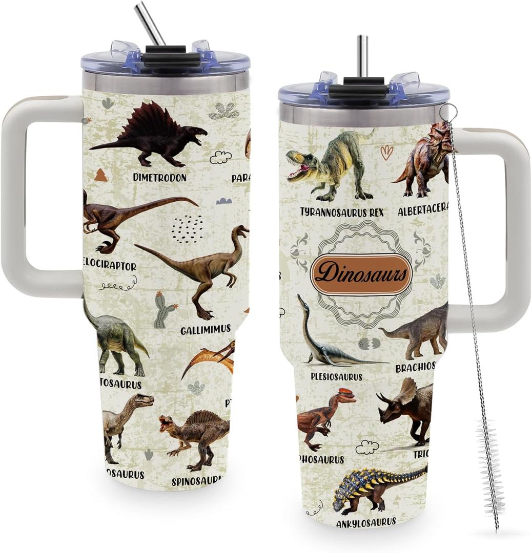 Dinosaur Mug 40oz Tumbler with Handle and Straw, Dinosaur Gifts for Adults, Christmas, Thanksgiving, Birthday Decorations, Party Supplies, Stainless Steel Cup, Water Bottle