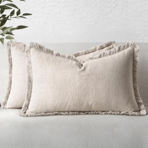 MIULEE Decorative Lumbar Throw Pillow Covers Neutral Linen Fringe Throw Pillows Set of 2 Natural Beige Boho Farmhouse Cushion Covers for Couch Sofa Bed Living Room Spring Home Decor 12x20 Inch