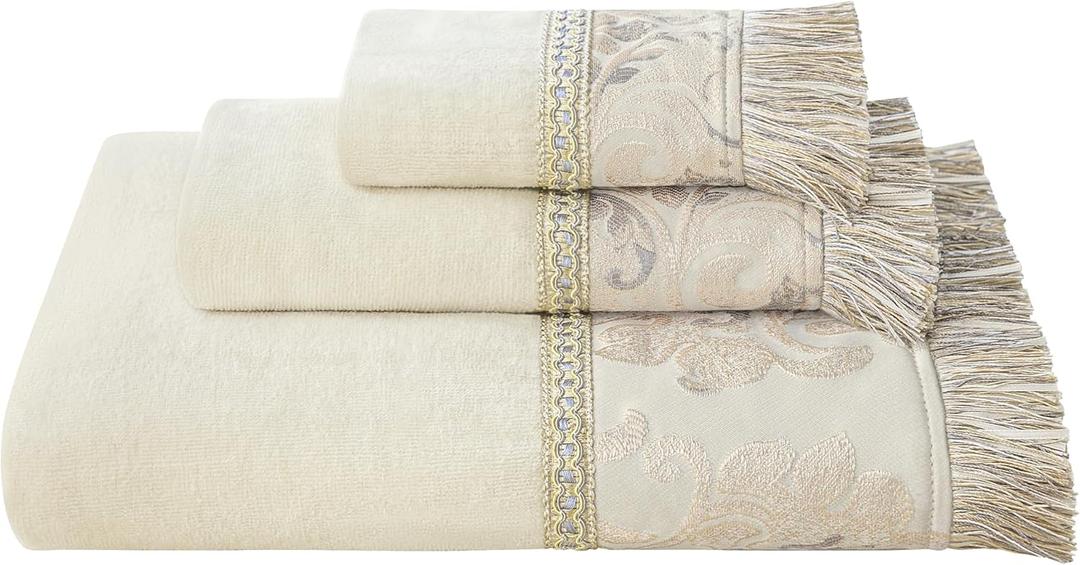 Loom and Mill Luxury Cotton Bath Towel Set 3 Piece-1 Bath Towel 1 Hand Towel 1 Wash Cloth, Ultra Soft Decorative Towel Sets Highly Absorbent for Bathroom, Elegant Floral Design(Ivory-Light Apricot)