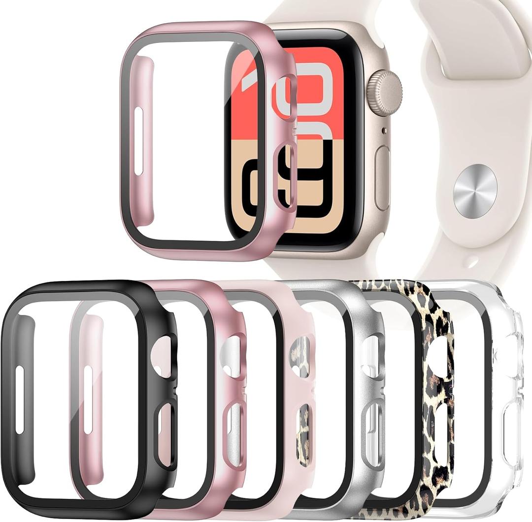 6 Pack Case for Apple Watch SE 3 (2025)/SE 2/SE/Series 6/5/4 40mm with Tempered Glass Screen Protector, Hard PC Ultra-Thin Scratch Resistant Protective Cover for iWatch 40mm Accessories (Black+Clear+Pink+Rose Gold+Silver+Classic Leopard)