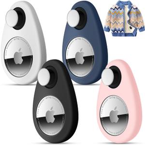 4 Pack Airtag Holder for Kids Hidden,GPS Tracker Case, Anti-Removal Airtag Silicone Case with Pins, Suitable for Children, Elderly, Pets, Backpack, Luggage (White & Black & Navy Blue & Pink, 4 Pack)