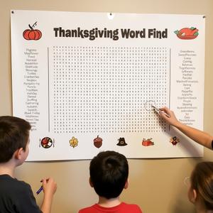 4 x AuraGlaze 2025 New Thanksgiving Word Search Poster, Thanksgiving Poster Giant 36 * 24in Wall Game with 50 Words for Families, Thanksgiving Party Decor & Holiday Activity
