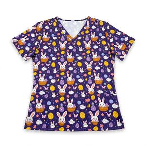 Oshhni V Neckline Scrub Top Nurse Work Uniform Durable Summer Work Clothing for Women and Men Soft Nurse Costume Short Sleeves,Easter Bunny Purple, XL