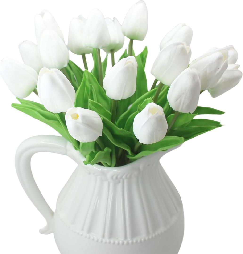 Artificial Tulips 10 Heads Mini Real Touch Artificial Flowers Fake Tulip for Home Decor Wedding Party DIY Bouquet Flowers (White)