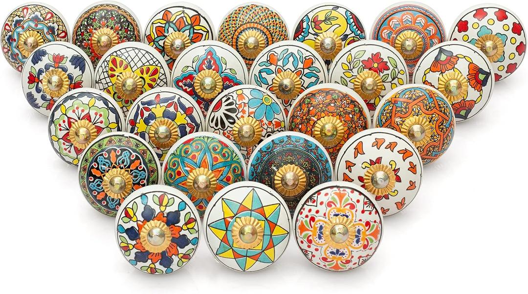 Craft Trade Knobs for Cabinets Drawers Assorted Mandala Dresser Knobs Vintage Ceramic Knobs Colorful Kitchen Pull Handles Cupboard for Wardrobe Home Dcor - Pack of 25