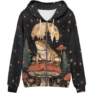 Showudesigns Zip Up Women's Hoodies & Sweatshirts  (Medium, Mushroom and Frog)